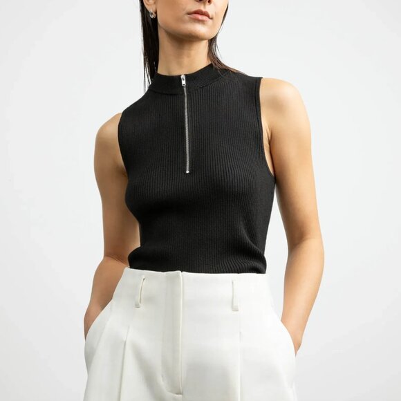OAK+FORT Sleeveless Mock Neck Half-Zip Sweater in Black Size XS (NWOT) - Picture 1 of 6